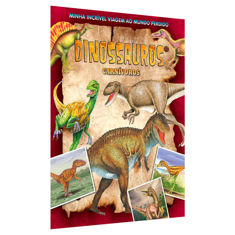Minha Incrível Viagem ao Mundo Perdido, King Books, capa vermelha com dinossauros carnívoros. — Plenitude