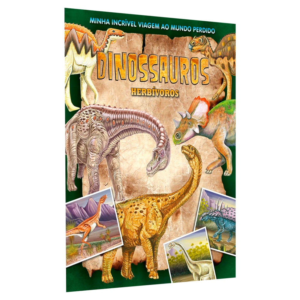 Livro Minha Incrível Viagem ao Mundo Perdido, capa verde com ilustrações de dinossauros herbívoros — Plenitude