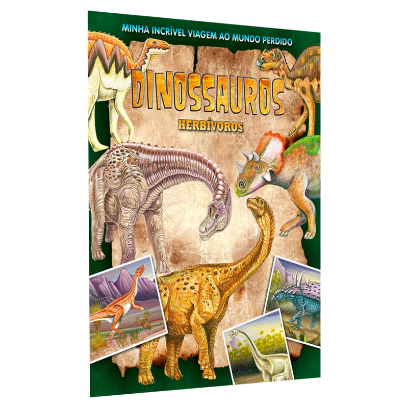 Livro Minha Incrível Viagem ao Mundo Perdido, capa verde com ilustrações de dinossauros herbívoros — Plenitude