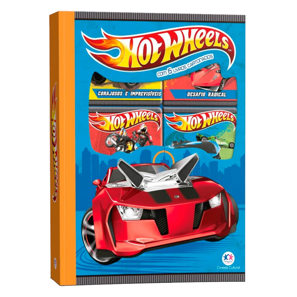 Box Hot Wheels com 6 livros cartonados, capa azul com carros de corrida e logo Hot Wheels. — Plenitude