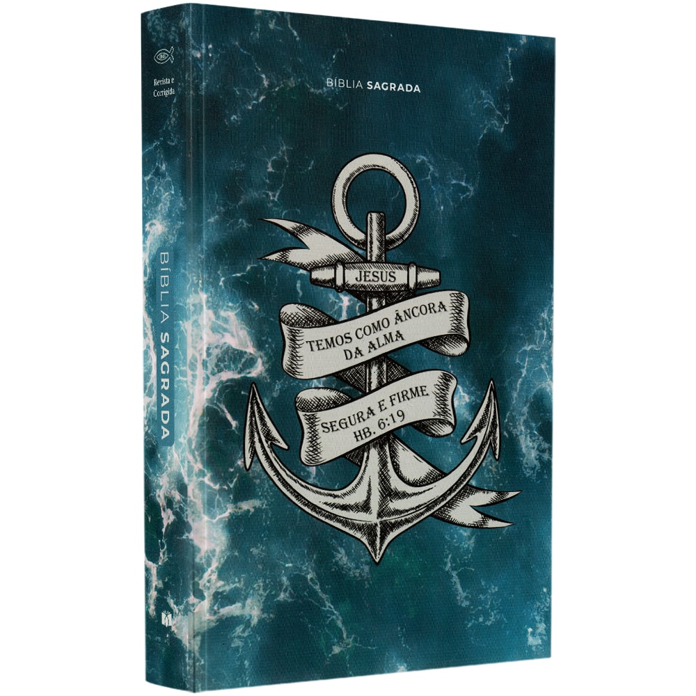 Bíblia Sagrada ARC Oceano, capa brochura azul-marinho com âncora e versículo de Hebreus 6:19. — Plenitude