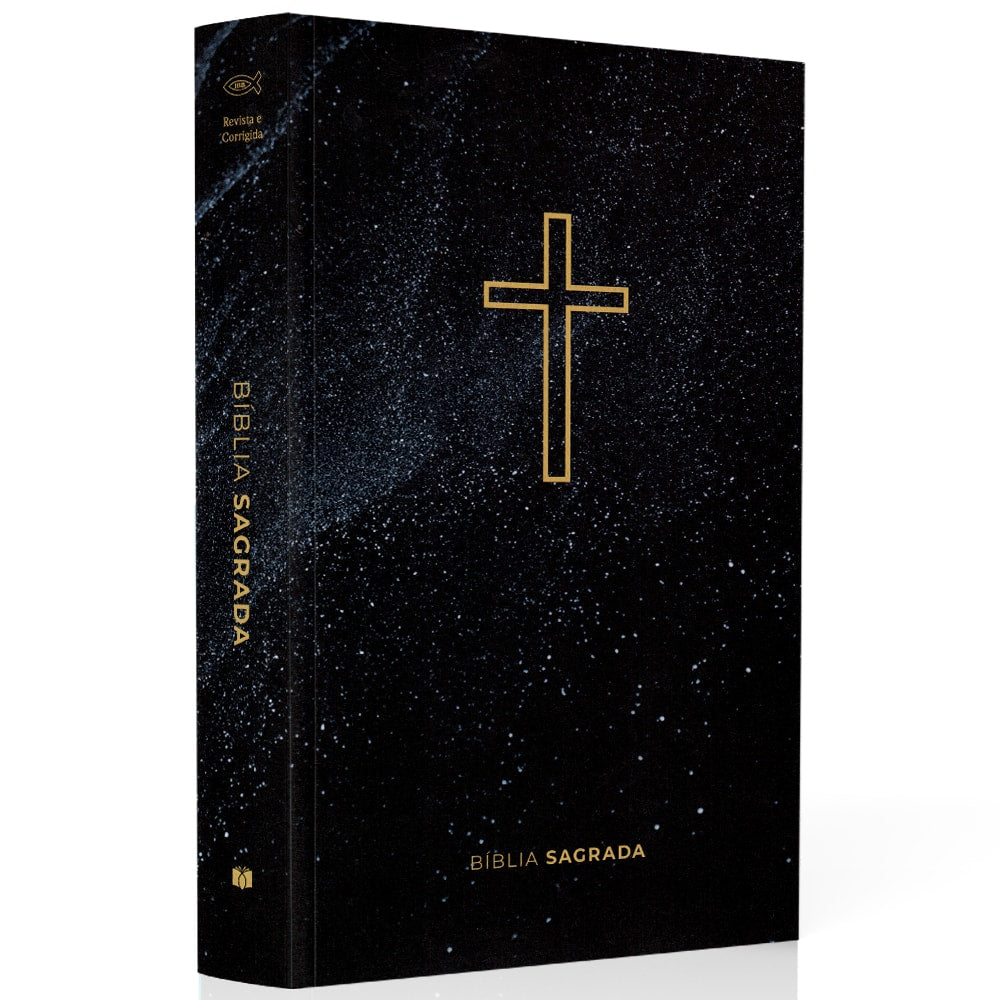 Bíblia Sagrada Salvos Pela Graça, ARC, capa brochura preta com cruz dourada e pontos brancos. — Plenitude