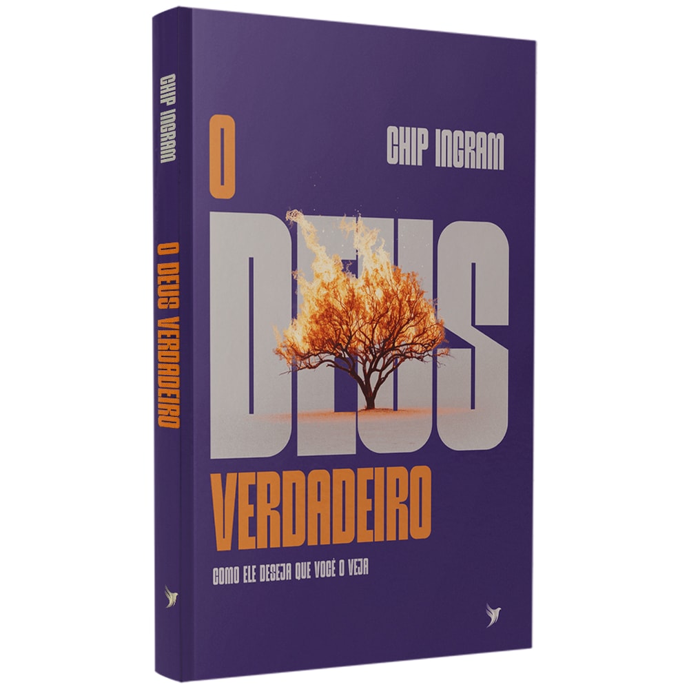 Livro O Deus Verdadeiro, por Chip Ingram, capa roxa com árvore em chamas. — Plenitude