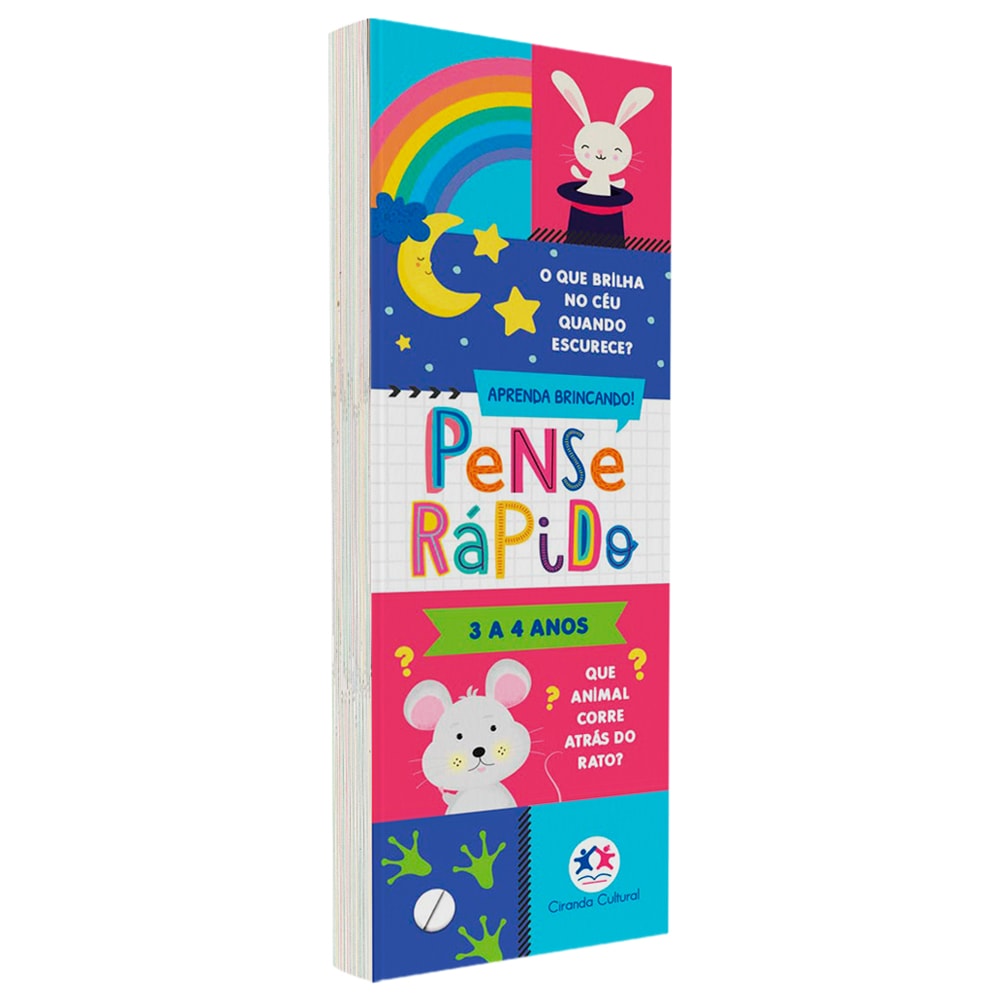 Livro Flash Cards Pense Rápido, capa colorida com arco-íris, coelho, lua e rato, para 3 a 4 anos. — Plenitude