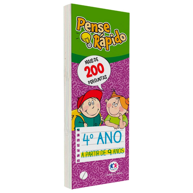 Livro Flash Cards Pense Rápido 4° Ano, capa verde e roxa com desenhos de crianças e texto "Mais de 200 perguntas" e "4° Ano" — Plenitude