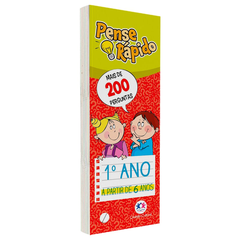 Livro Flash Cards Pense Rápido, 1° Ano, A Partir de 6 Anos, capa branca com desenhos de crianças e perguntas. — Plenitude