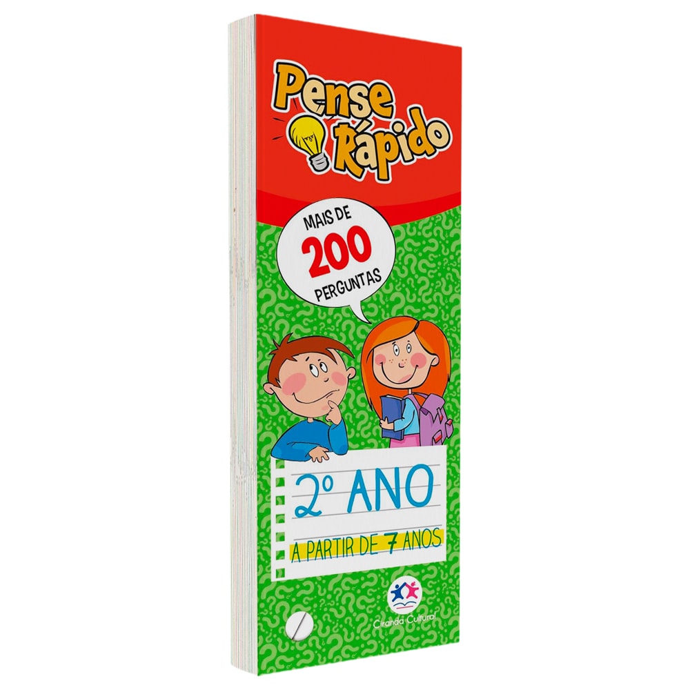 Livro Flash Cards Pense Rápido, 2° Ano, a partir de 7 anos, capa branca com ilustrações coloridas de crianças e texto em vermelho e azul — Plenitude