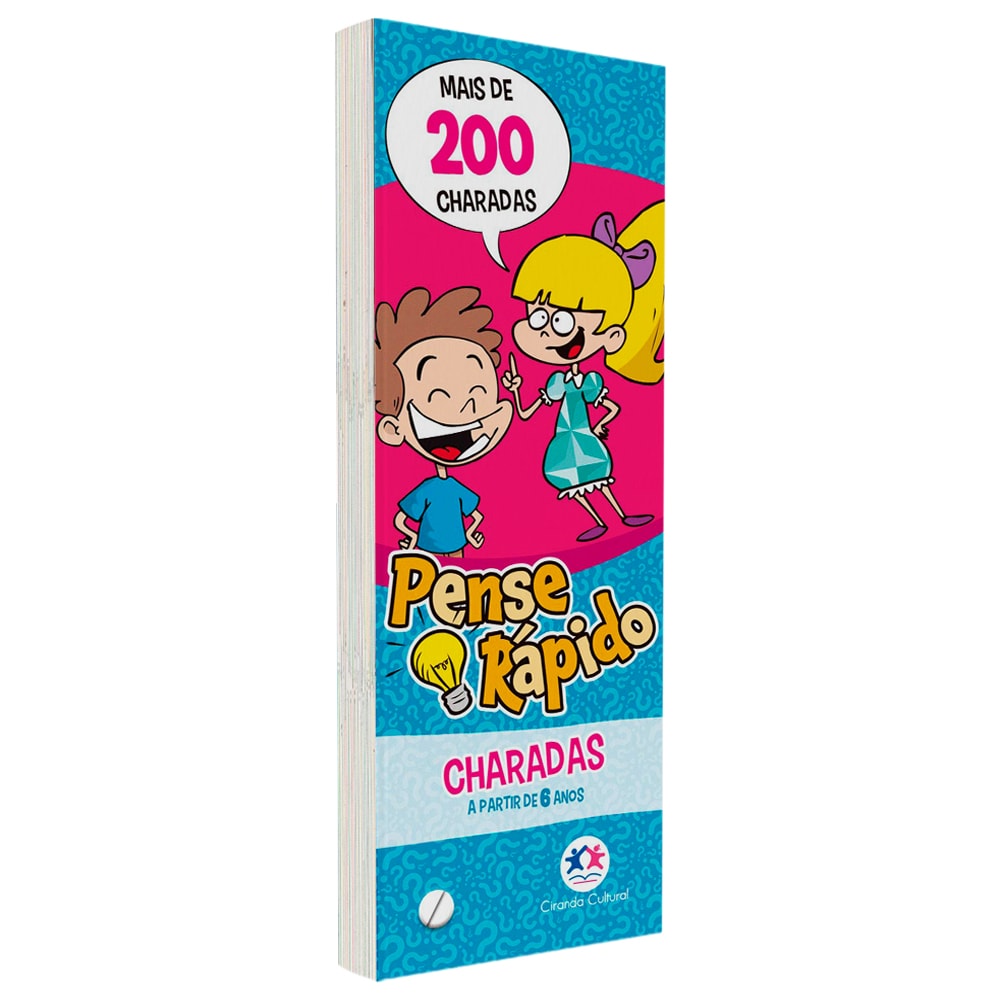 Livro Flash Cards Pense Rápido Charadas, capa colorida com ilustrações de crianças e texto "Mais de 200 Charadas". — Plenitude