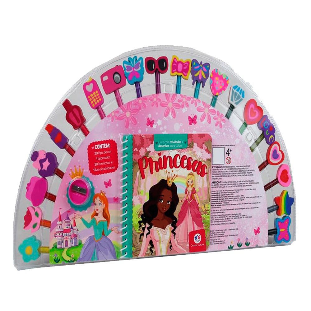 Kit de colorir Princesas com 20 lápis de cor, apontador, 20 borrachas e livro de atividades, em estojo transparente. — Plenitude