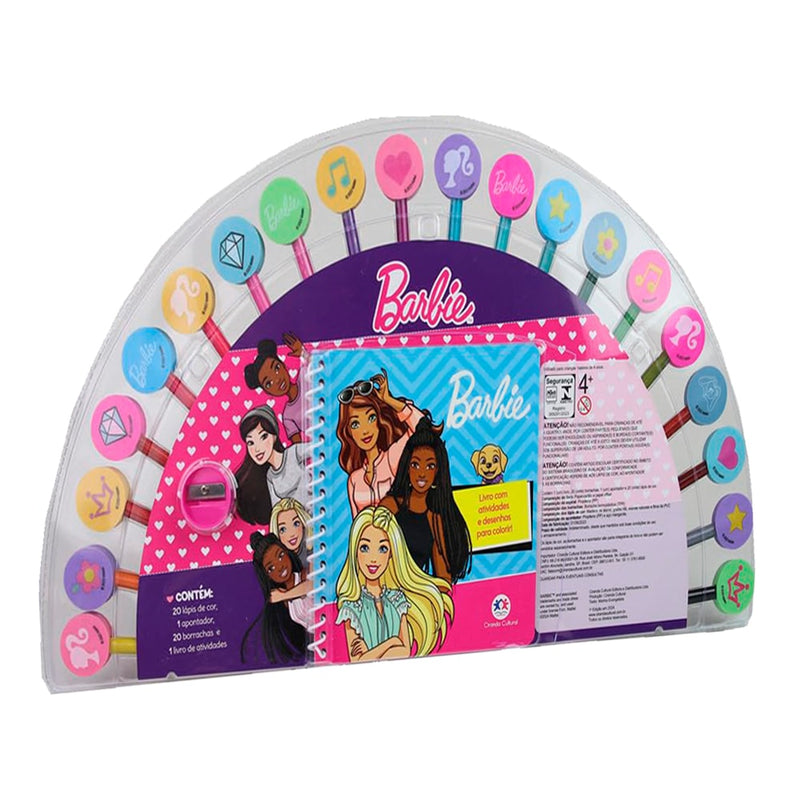 Kit de borrachas Barbie, estojo transparente em formato de leque com borrachas coloridas e caderno. — Plenitude