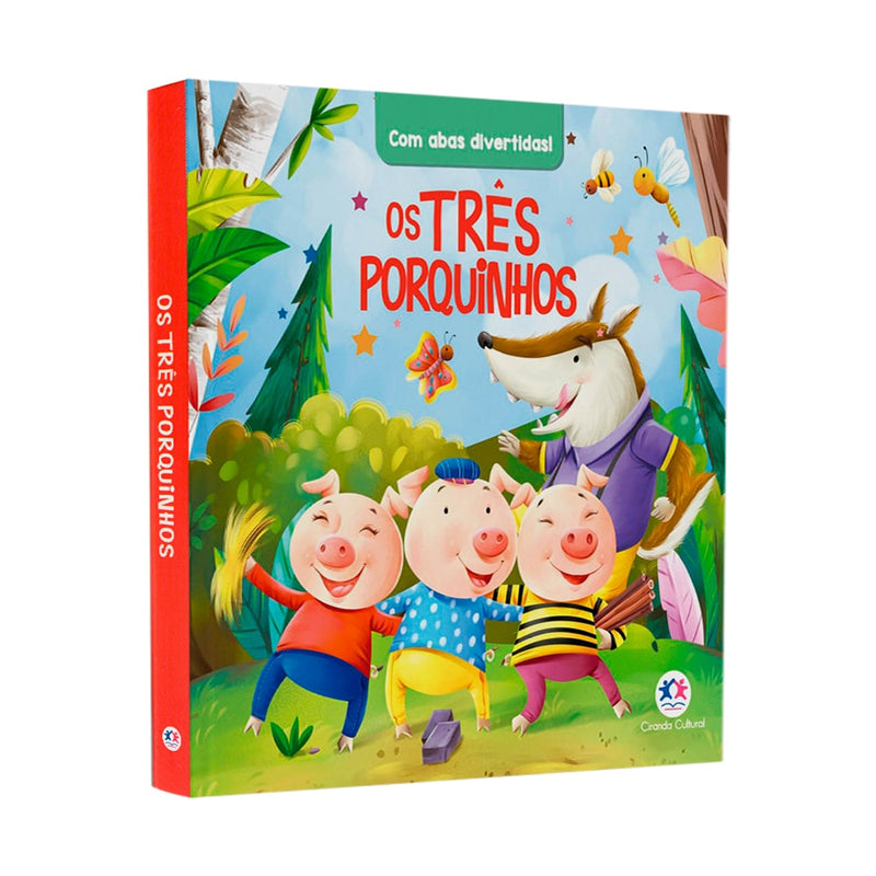 Livro Os Três Porquinhos com abas divertidas, capa ilustrada com os porquinhos e o lobo. — Plenitude