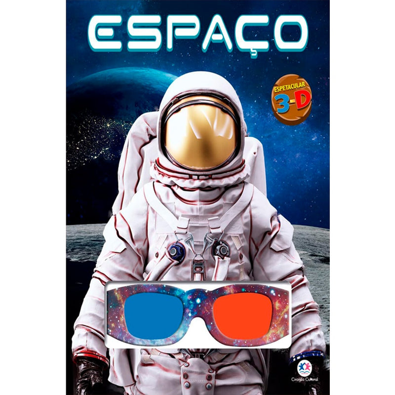 Livro Espaço Espetacular 3D, capa azul com astronauta e óculos 3D. — Plenitude