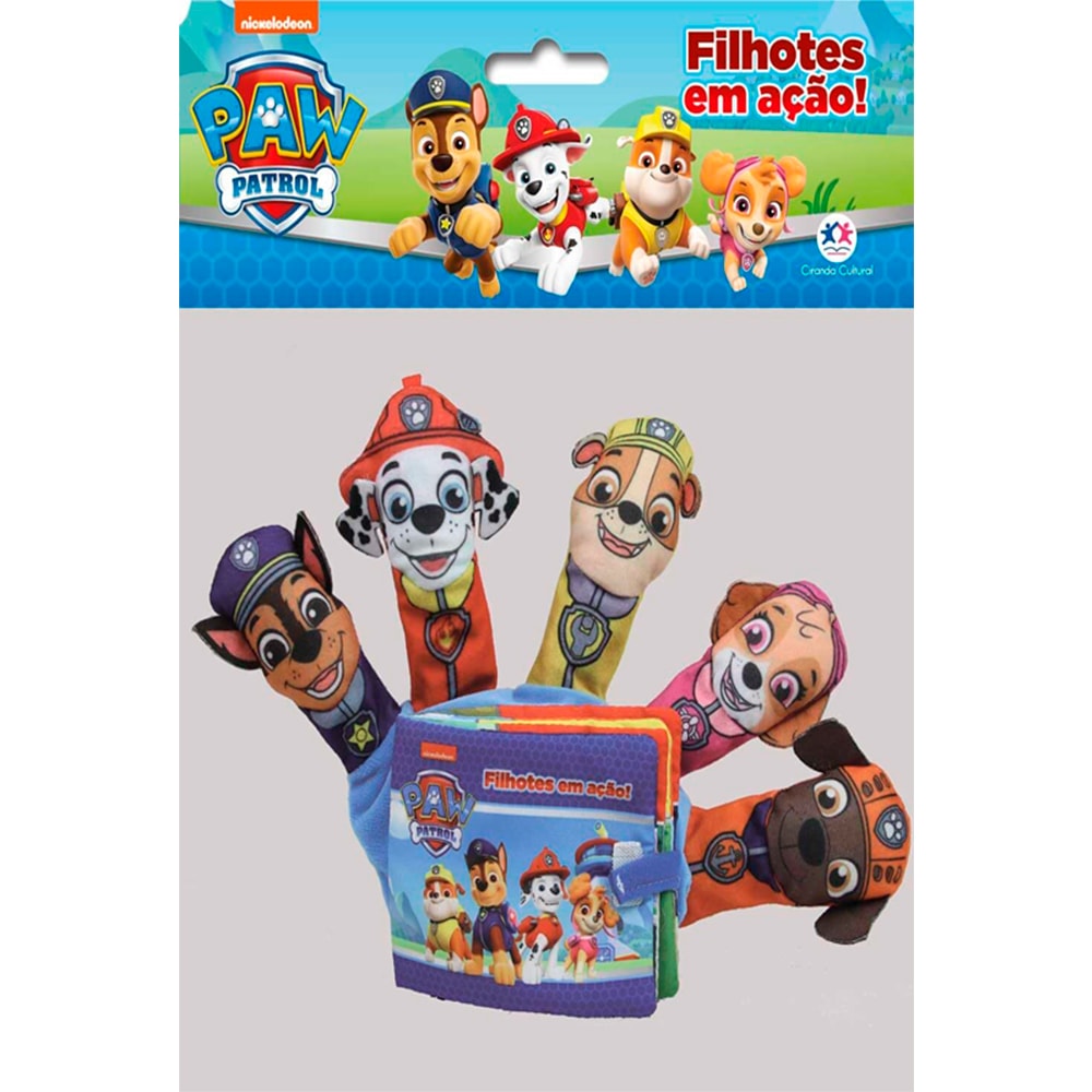 Livro de fantoches de dedo 'Patrulha Canina: Filhotes em Ação', com capa azul e fantoches dos personagens. — Plenitude
