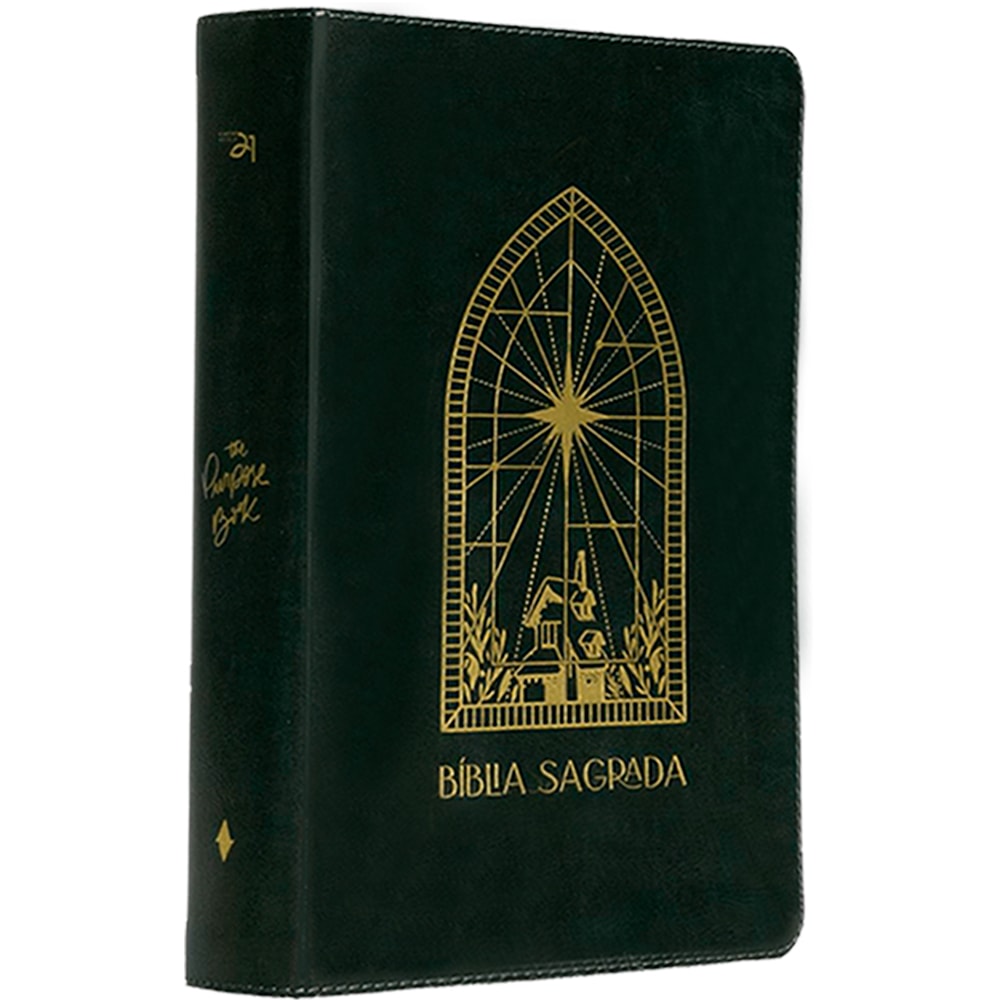 Bíblia Sagrada A21, capa couro soft verde com ilustração de vitral dourado e "The Purpose Book" na lombada — Plenitude.