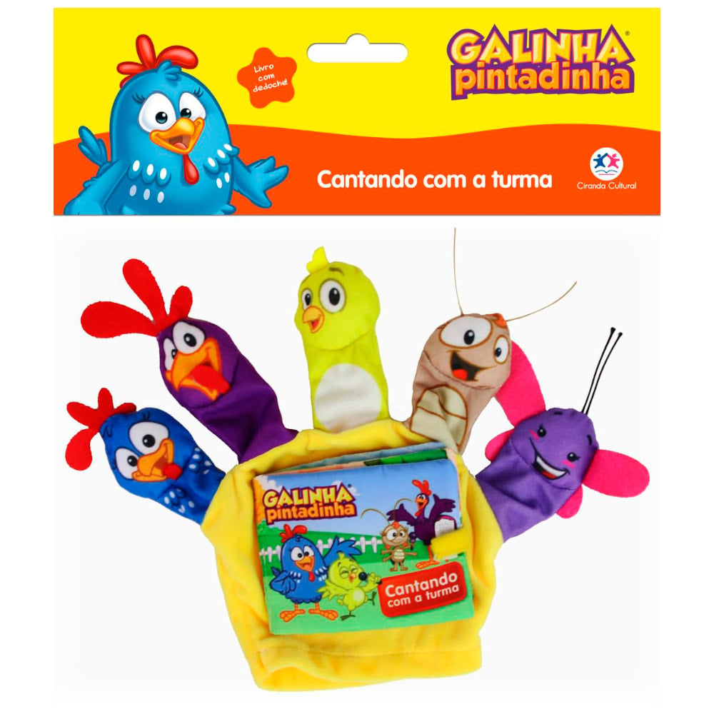 Livro de fantoches de dedo 'Galinha Pintadinha: Cantando Com a Turma', com capa amarela e fantoches dos personagens. — Plenitude