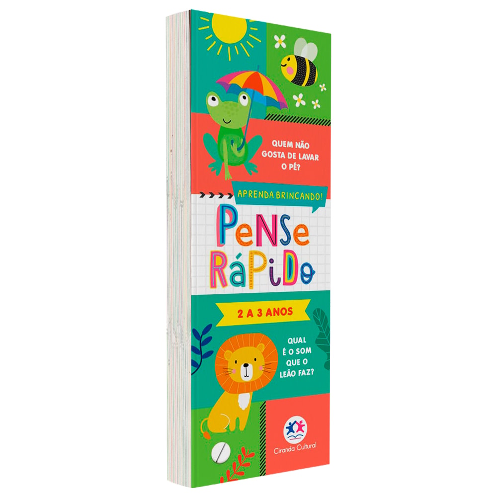 Livro Flash Cards Pense Rápido, capa verde e laranja com sapo, abelha e leão. — Plenitude