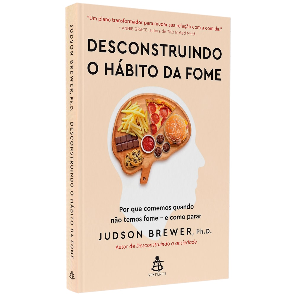 Capa do livro Desconstruindo o Hábito da Fome, de Judson Brewer, com cérebro e alimentos. — Plenitude
