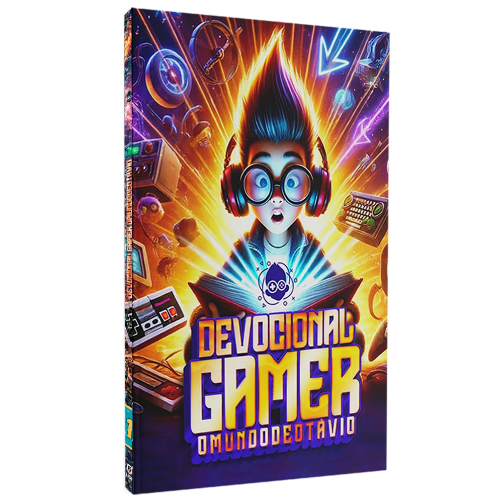 Livro: Devocional Gamer O Mundo de Otávio, capa colorida com personagem gamer de óculos. — Plenitude