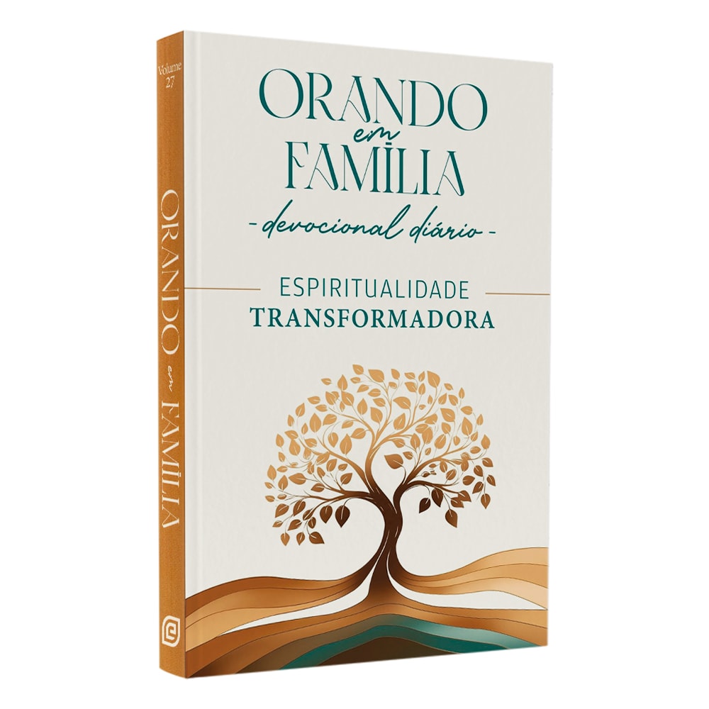 Livro Orando em Família Devocional Diário, capa branca com árvore dourada e detalhes em marrom. — Plenitude