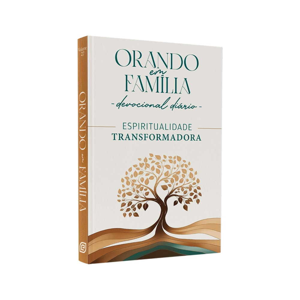 Livro Orando em Família Devocional Diário Ed. Bolso, capa branca com árvore dourada. — Plenitude