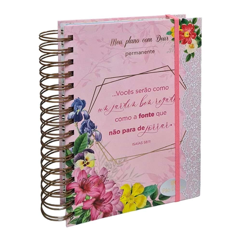Planner Meu Plano com Deus Abundância, capa dura espiral rosa com flores e versículo. — Plenitude