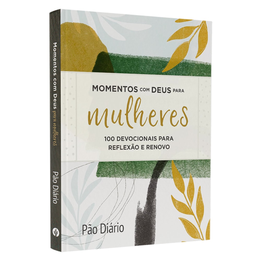 Livro Momentos com Deus Para Mulheres, capa branca com folhas verdes e douradas. — Plenitude