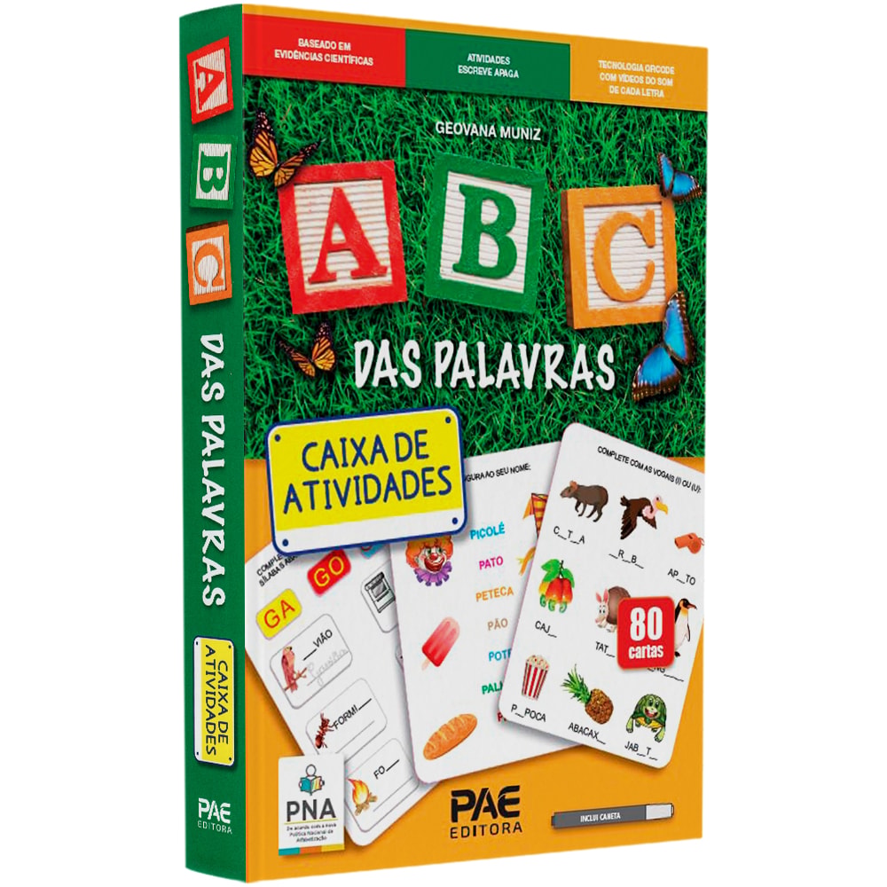 Livro ABC das Palavras Caixa de Atividades, de Geovana Muniz, capa verde com blocos de letras e cartas. — Plenitude