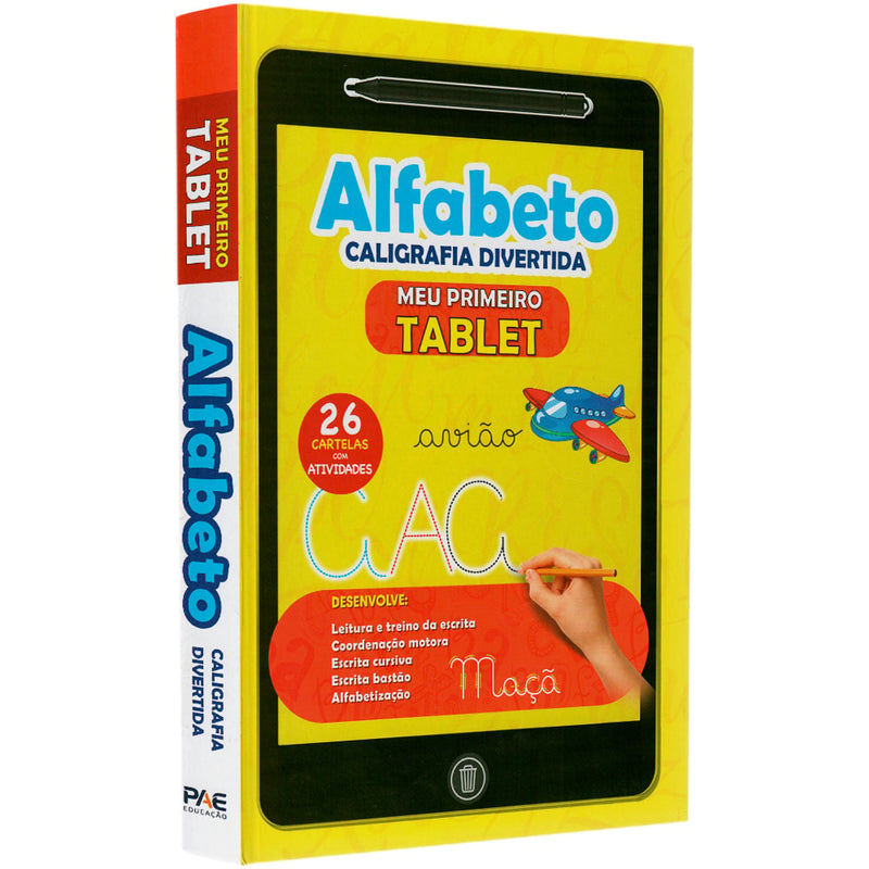 Livro Caligrafia Divertida Alfabeto Meu Primeiro Tablet, capa amarela com imagem de tablet e atividades. — Plenitude
