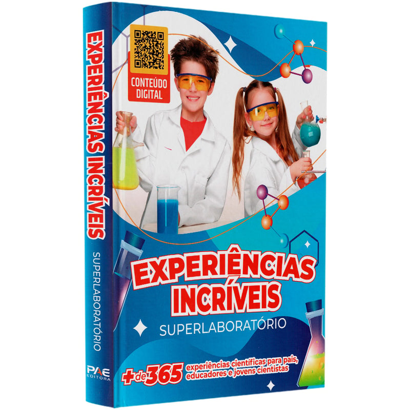 Livro Experiências Incríveis Superlaboratório, capa azul com crianças em laboratório e elementos químicos. — Plenitude