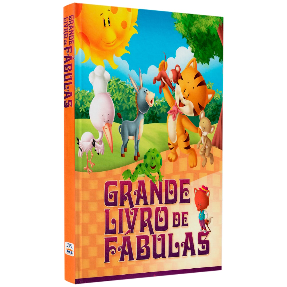 Livro Grande Livro de Fábulas, capa laranja com ilustrações de animais em estilo cartoon. — Plenitude