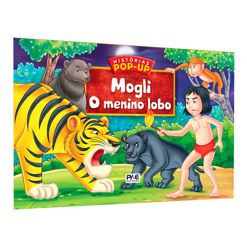 Livro infantil Histórias Pop-up Mogli O Menino Lobo, capa verde com Mogli e animais. — Plenitude
