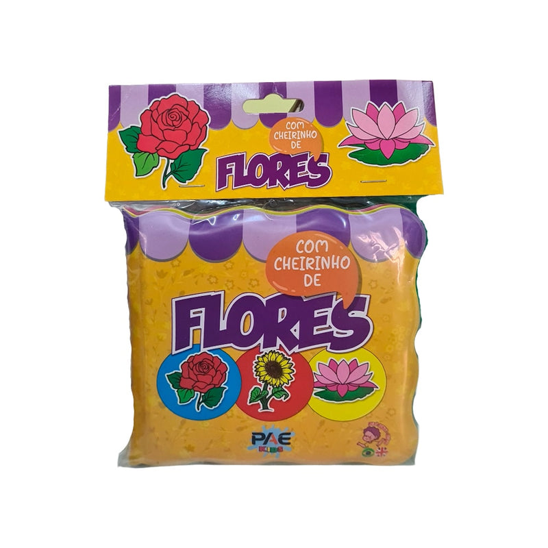 Livro de Banho Com Cheirinho de Flores, embalagem amarela com flores e selo 'PAE Kids'. — Plenitude