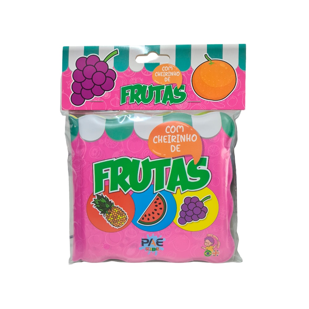 Livro de banho com cheirinho de frutas, embalagem rosa com ilustrações de frutas. — Plenitude