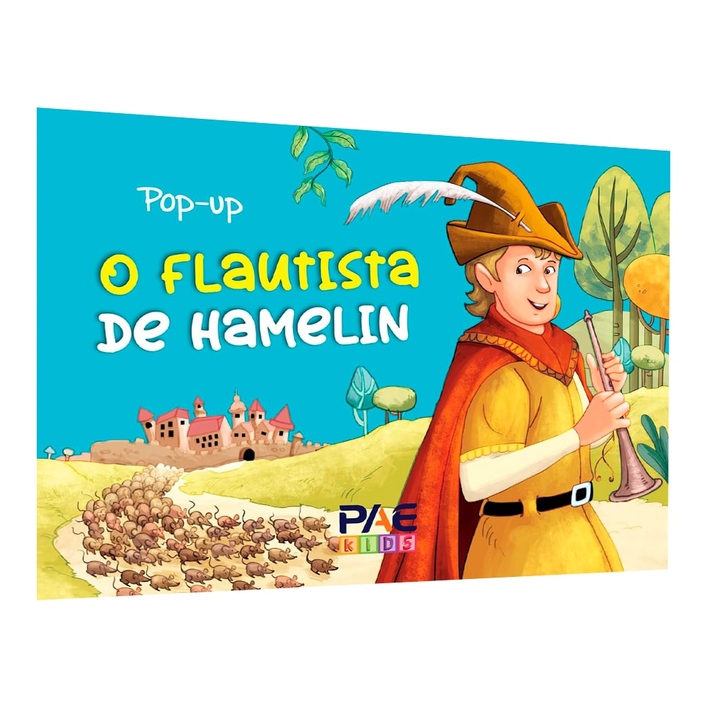 Livro pop-up O Flautista de Hamelin, capa ilustrada com o personagem tocando flauta e ratos. — Plenitude