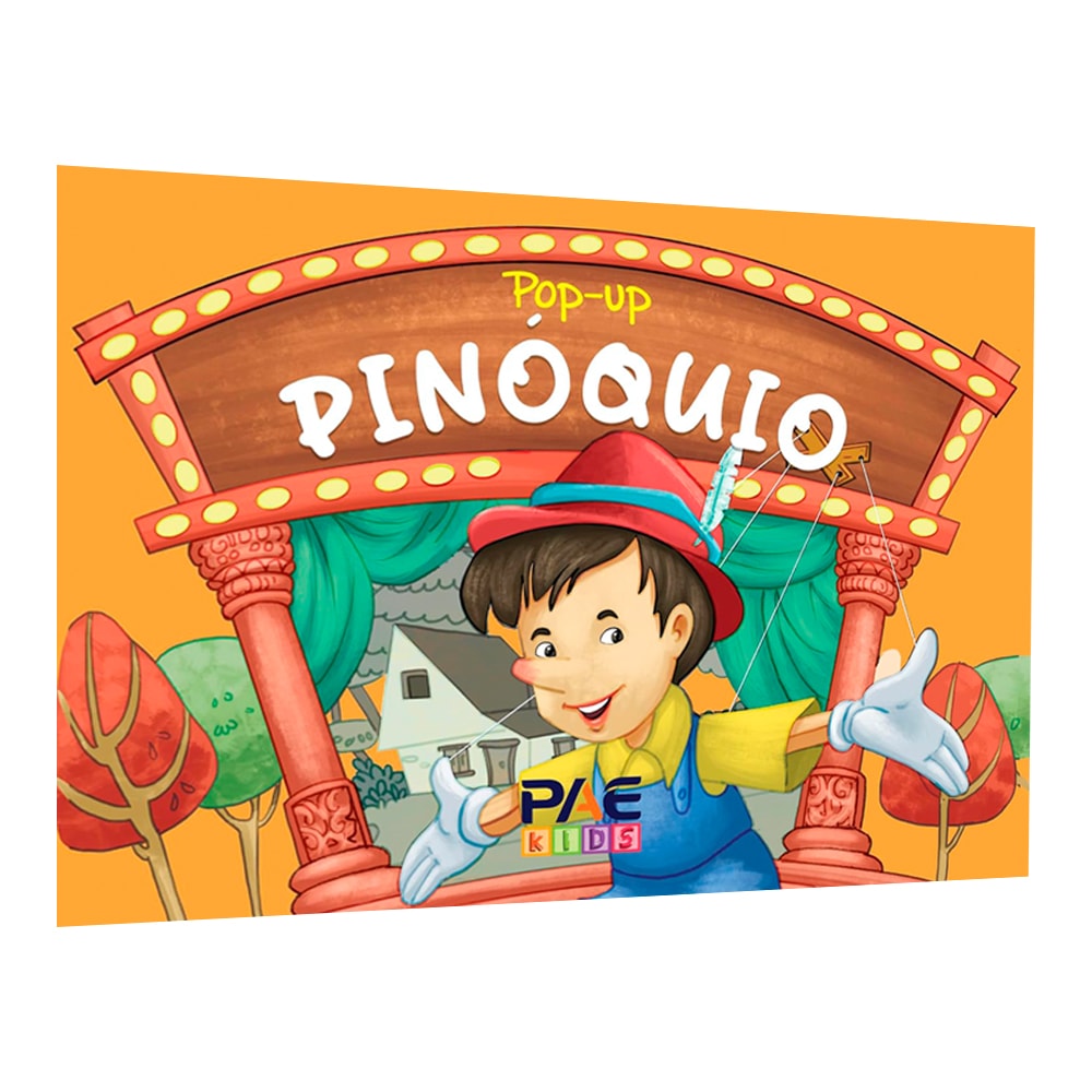 Livro pop-up Pinóquio, capa ilustrada com o personagem em um palco. — Plenitude