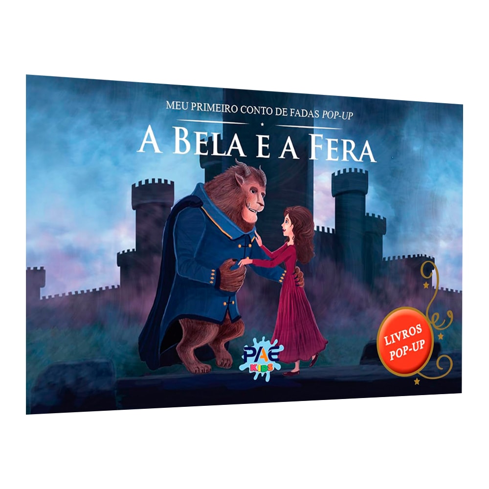 Livro pop-up A Bela e a Fera, capa ilustrada com os personagens dançando em frente a um castelo. — Plenitude