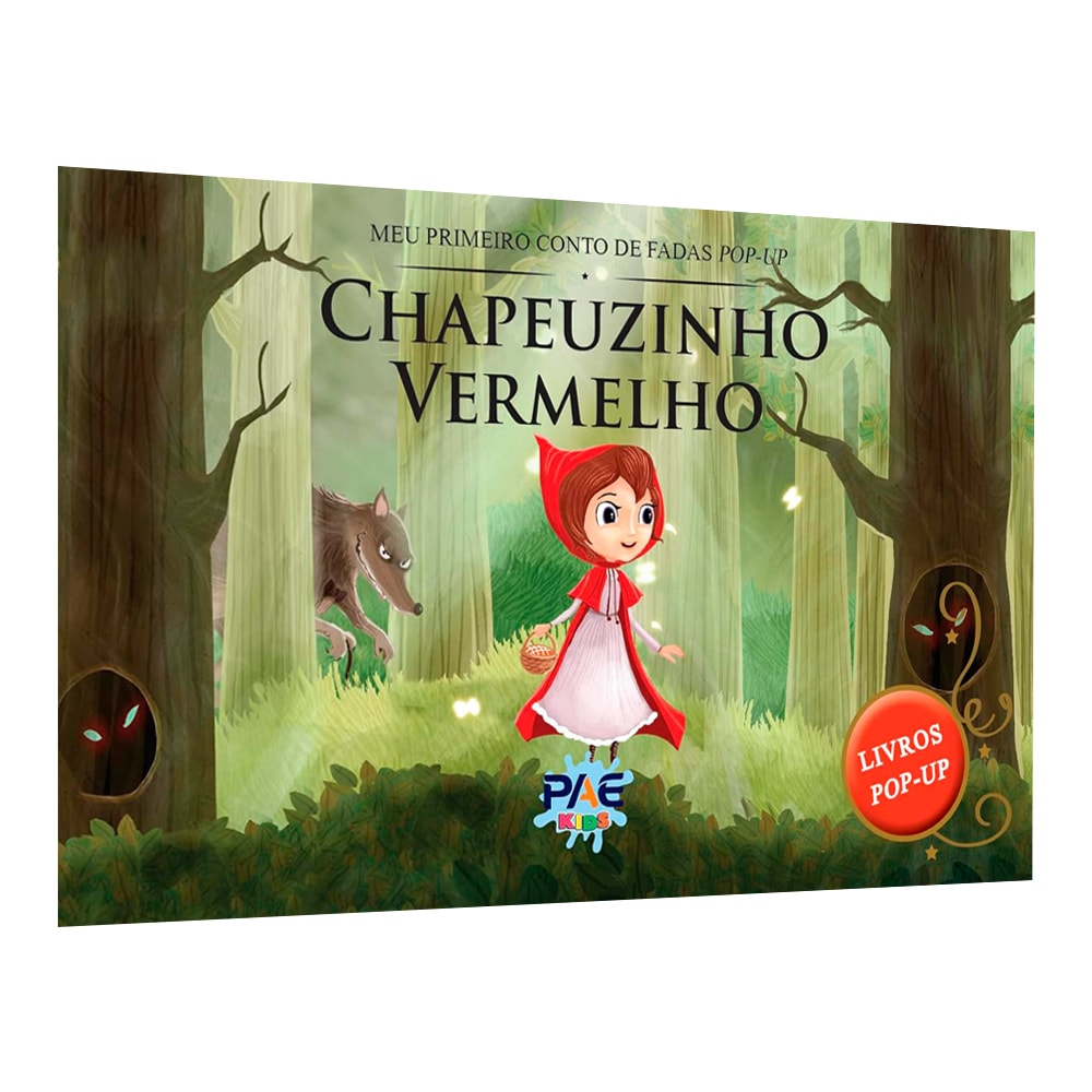 Livro pop-up Chapeuzinho Vermelho, capa ilustrada com a personagem e o lobo na floresta. — Plenitude