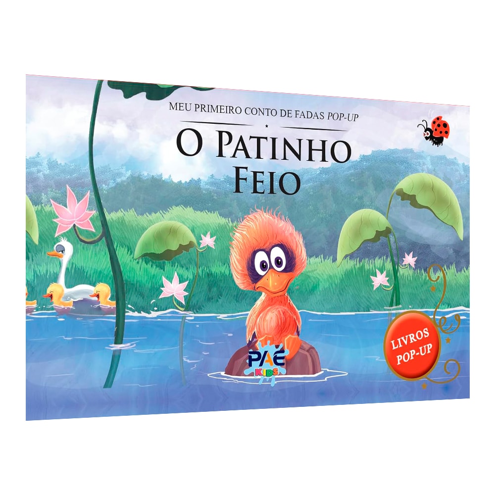 Livro pop-up Meu Primeiro Conto de Fadas, O Patinho Feio, capa com patinho feio em lago. — Plenitude