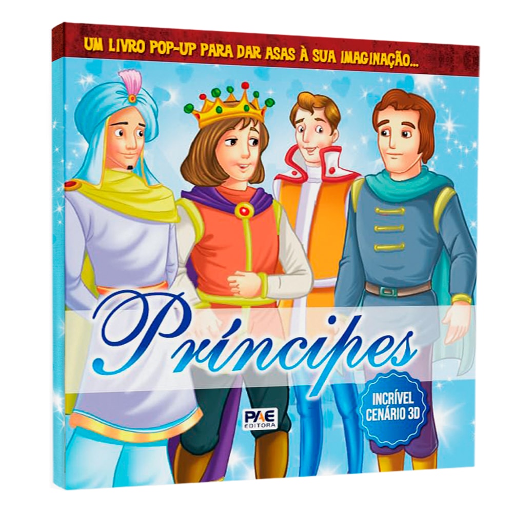 Livro infantil Príncipes Incrível Cenário 3D, capa azul com quatro príncipes. — Plenitude