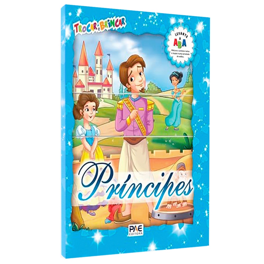 Livro infantil Trocar e Brincar Príncipes, capa azul com príncipe e princesas em castelo, com partes móveis. — Plenitude