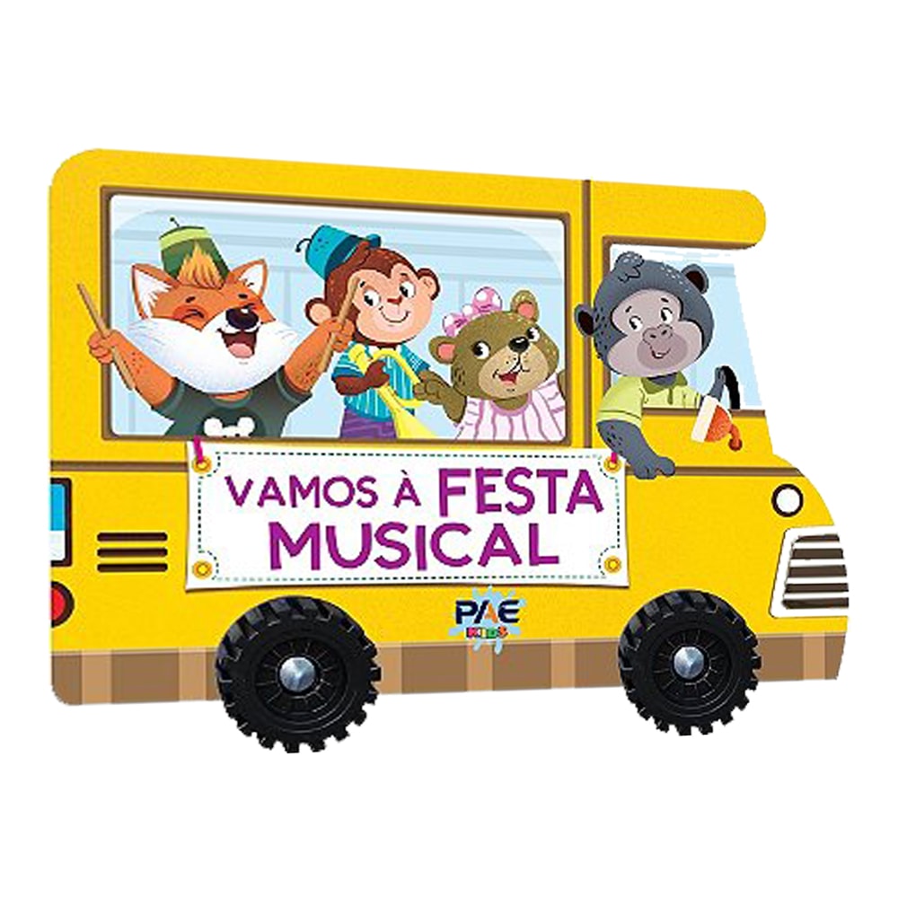 Livro Vamos à Festa Musical, em formato de ônibus escolar amarelo com animais músicos. — Plenitude