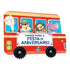Livro infantil "Vamos Para a Festa de Aniversário" em formato de ônibus vermelho com animais. — Plenitude
