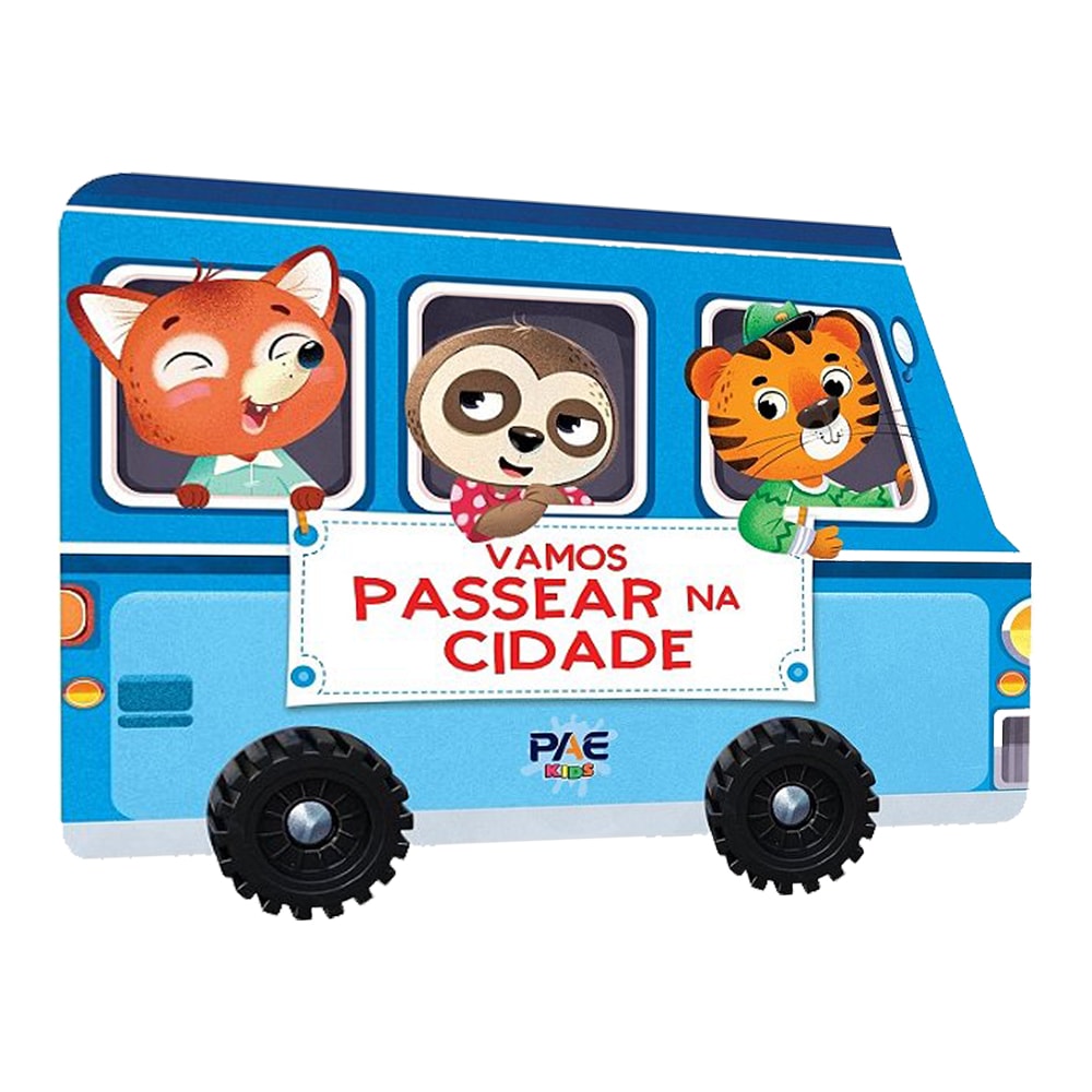 Livro infantil Vamos Passear na Cidade, em formato de ônibus azul com raposa, preguiça e tigre nas janelas. — Plenitude