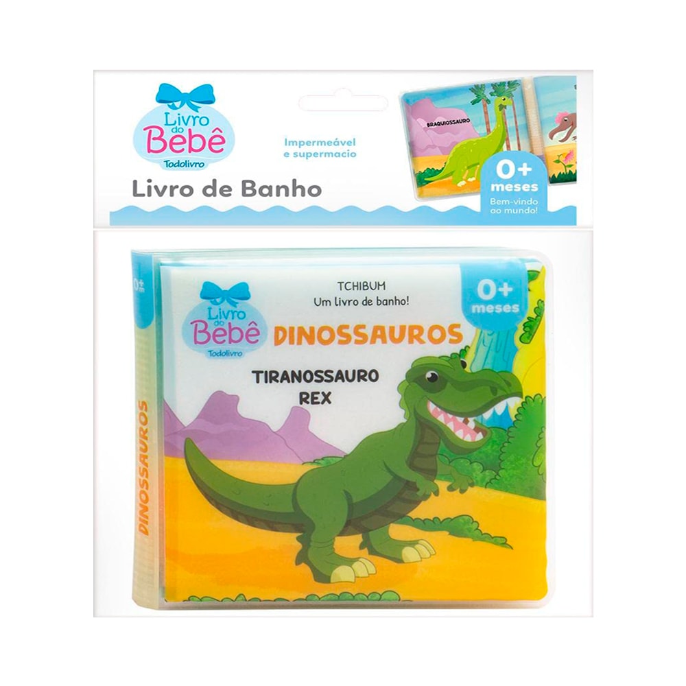 Livro de banho "Um Livro de Banho | Dinossauro" para 0 a 6 meses, embalagem branca com livro verde de dinossauro. — Plenitude