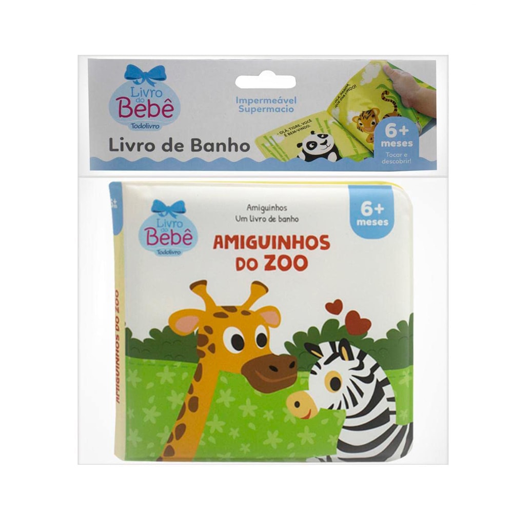 Livro de banho "Um Livro de Banho | Amiguinhos do Zoo" para 6 a 12 meses, embalagem branca com livro de girafa e zebra. — Plenitude