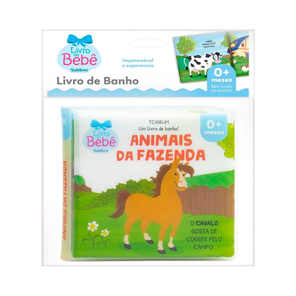 Livro de banho "Um Livro de Banho | Animais da Fazenda" para 0 a 6 meses, embalagem branca com livro de cavalo. — Plenitude