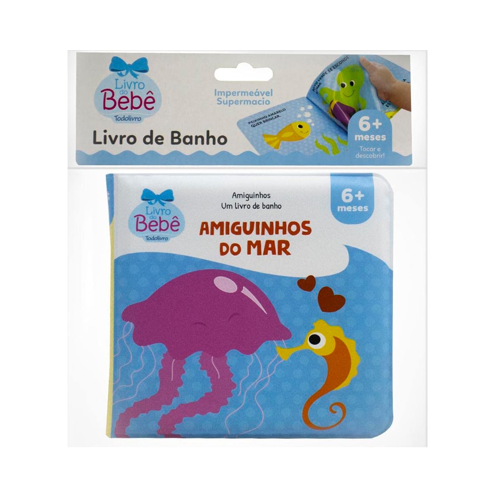 Livro de banho "Um Livro de Banho | Amiguinhos do Mar" para 6 a 12 meses, embalagem branca com livro de água-viva e cavalo-marinho. — Plenitude