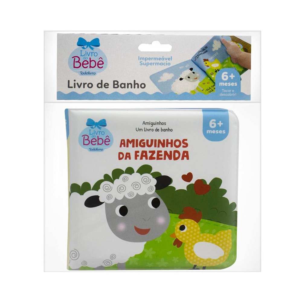 Livro de banho "Um Livro de Banho | Amiguinhos da Fazenda" para 6 a 12 meses, embalagem branca com livro de ovelha e pintinho. — Plenitude