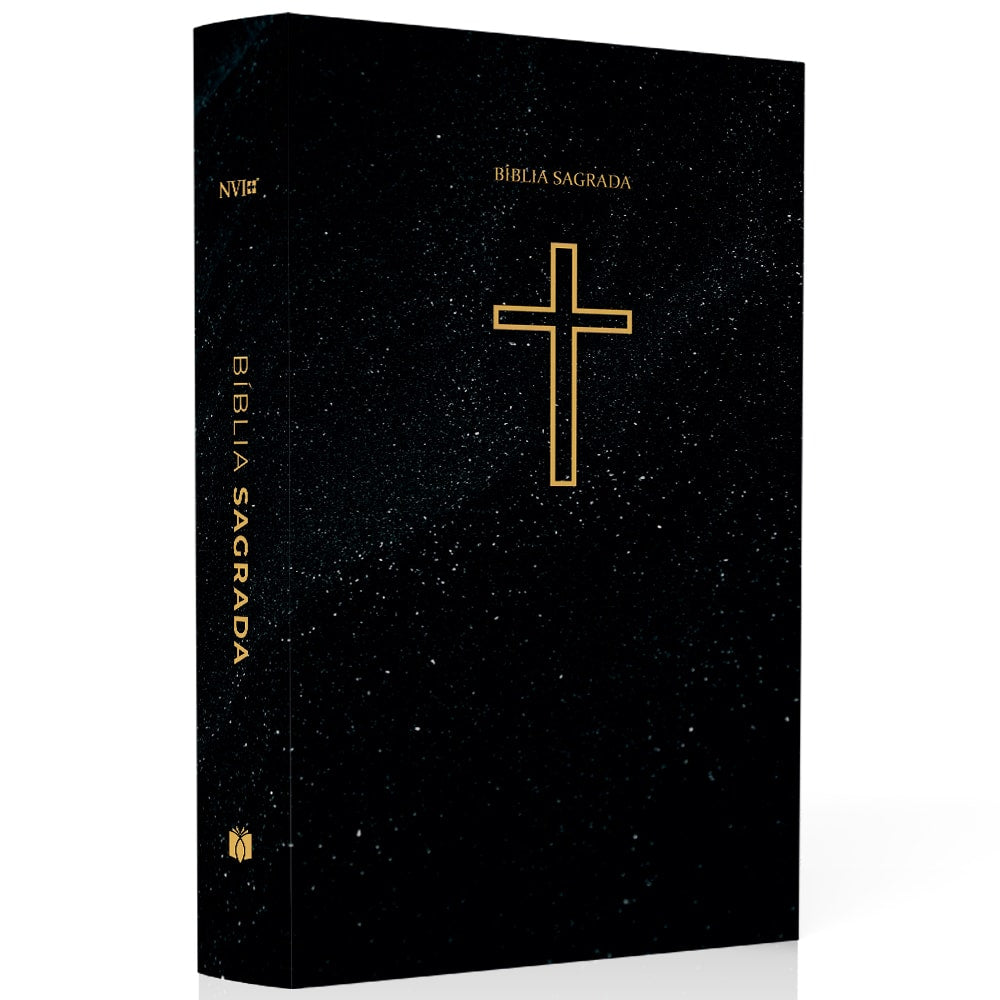 Bíblia Sagrada Salvos Pela Graça, NVI, letra normal, capa brochura preta com cruz dourada. — Plenitude