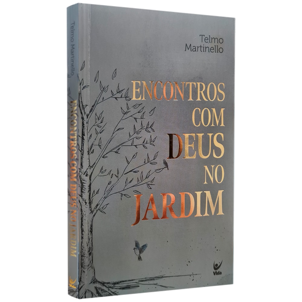 Livro Encontros Com Deus No Jardim, capa cinza com detalhes dourados e ilustração de árvore. — Plenitude